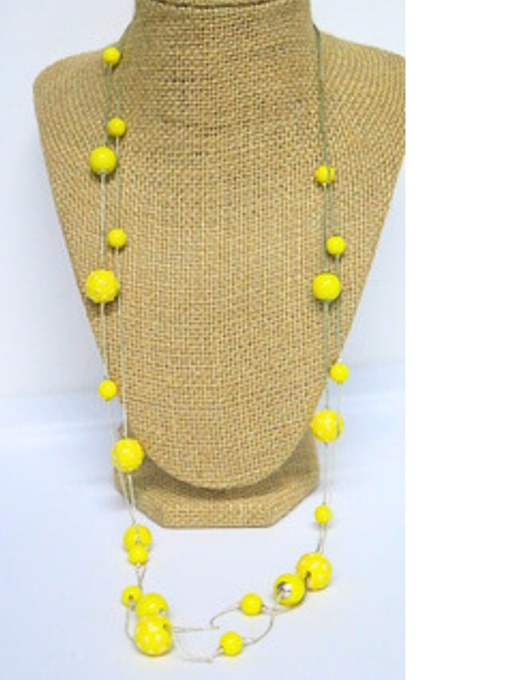 Long Yellow Beaded Multi Strand Statement Necklace Silver Tone